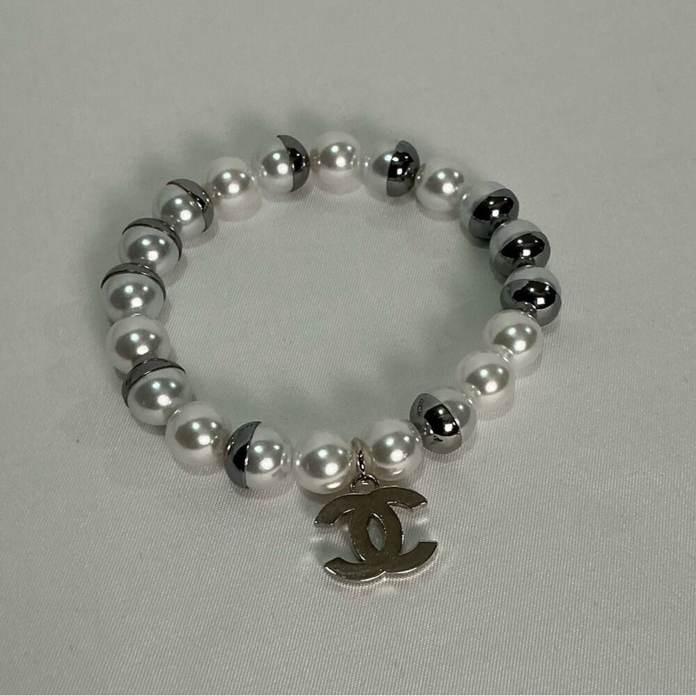 Chanel Silver and White Pearl Bracelet